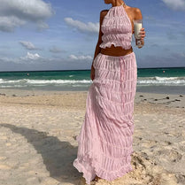 Backless Ruched Beach Set – Halter Top & Long Skirt Two-Piece Outfit