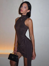 Luxury Furry Halter Dress – Split Evening Gown for Special Occasions