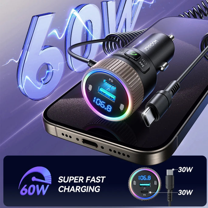 Bluetooth 5.4 FM Transmitter for Cars with USB C Charger 60W
