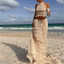 Backless Ruched Beach Set – Halter Top & Long Skirt Two-Piece Outfit